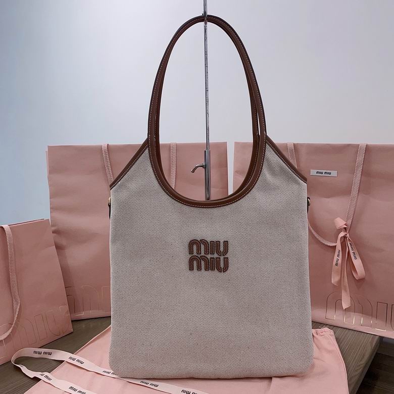Miu Miu Ivy Canvas Tote Bag in Beige with Tan Leather Trim