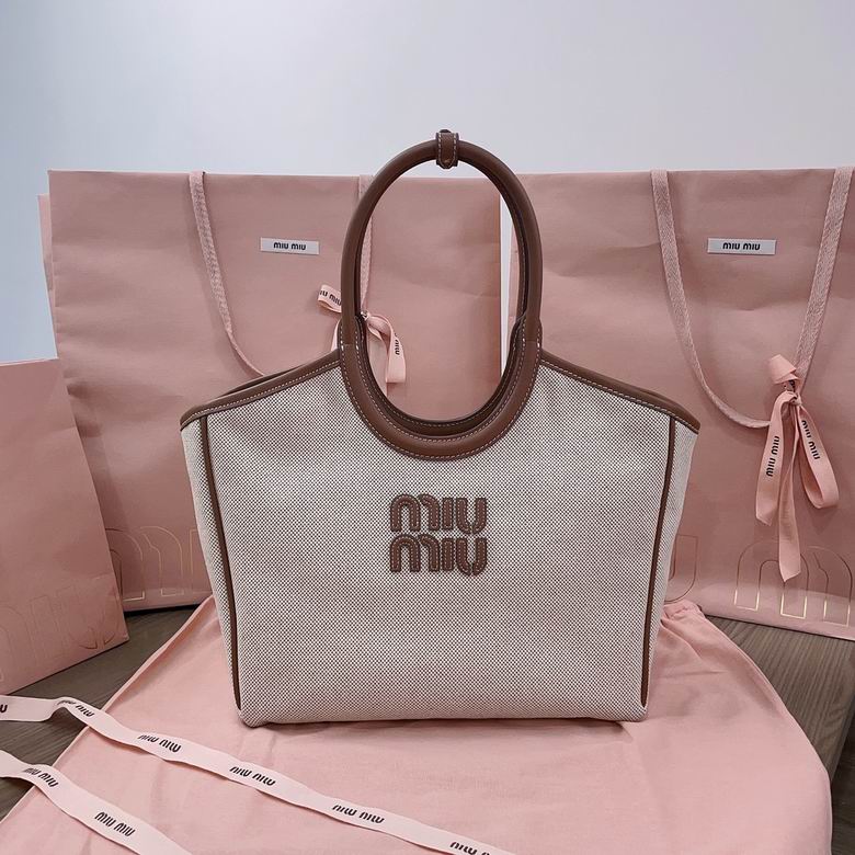 Miu Miu Ivy Tote Bag 5BG281 in Natural Canvas with Brown Leather Trim