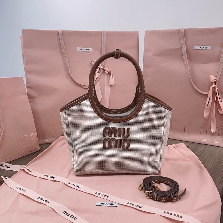 Miu Miu Ivy Small Top-Handle Tote in Beige Canvas with Brown Leather