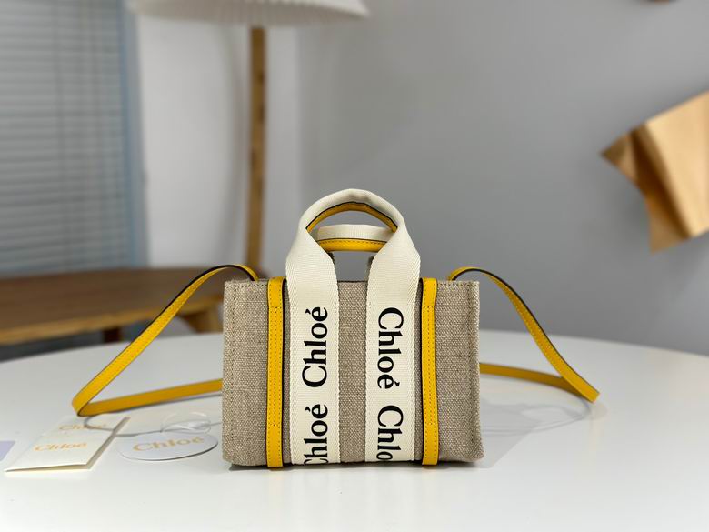 Chloé Woody Tote Bag in Natural Linen Canvas with Yellow Leather Trim