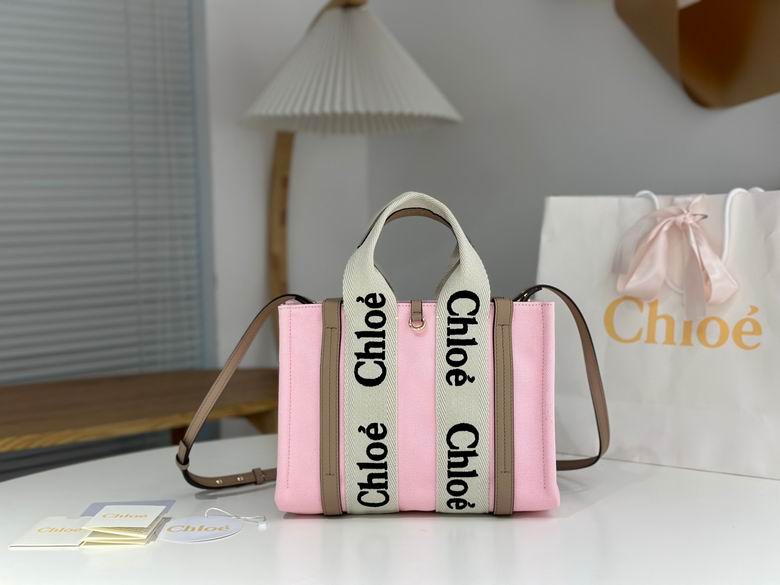 Chloé Woody Small Tote Bag in Pink Canvas with Logo Ribbon Straps
