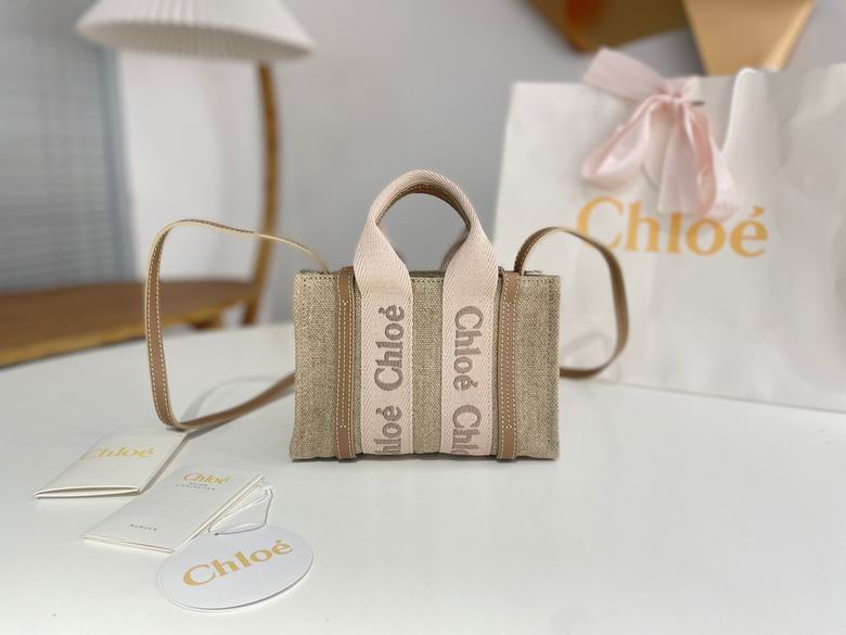 Chloé Woody Tote Bag in Natural Linen Canvas with Pink Logo Ribbon Straps