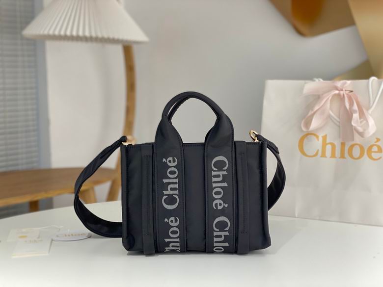 Chloé Woody Large Tote Bag in Black Nylon with Logo Ribbon Straps