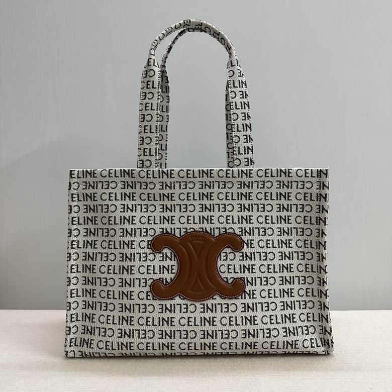 Celine Cabas Thais Tote Bag in All-Over Celine Logo Textile with Tan Triomphe