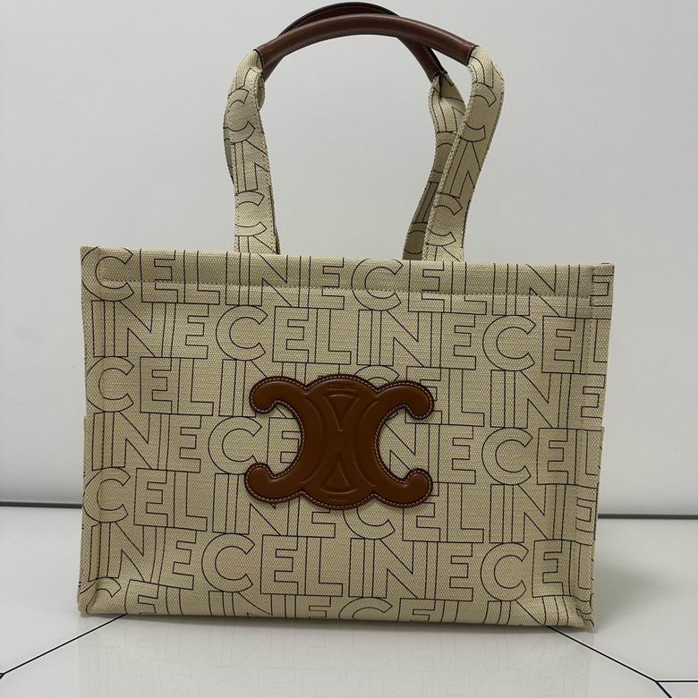 Celine Large Cabas Triomphe Tote in Celine Allover Textile with Tan Calfskin