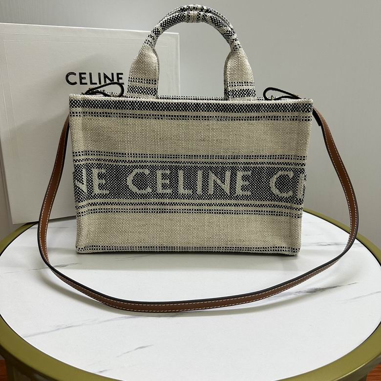 Celine Small Cabas Tote in Striped Logo Textile with Tan Leather Strap