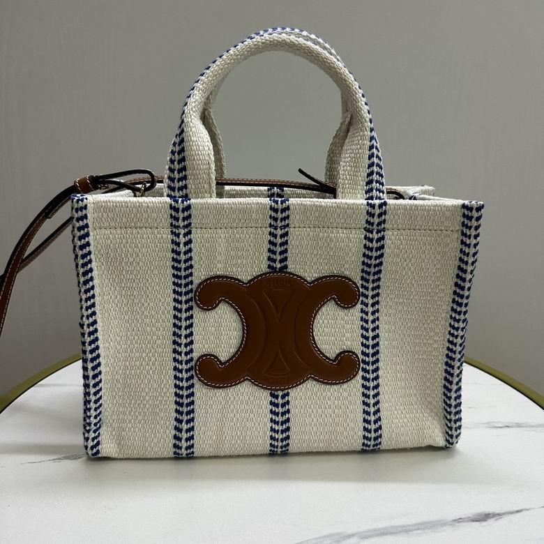 Celine Small Cabas Thais Tote in Blue Striped Textile with Triomphe Patch