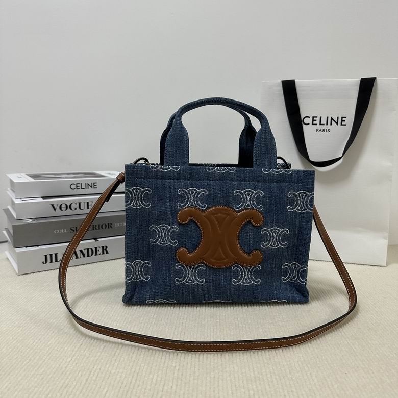 Celine Small Cabas Triomphe Tote in Triomphe Denim with Tan Leather Strap