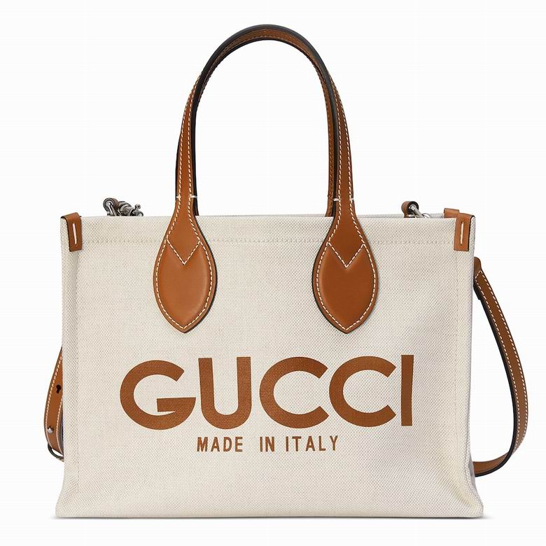 Gucci Small Tote Bag with Gucci Print in Beige Canvas and Tan Leather