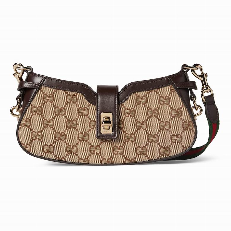 Gucci Moon Side Shoulder Bag in Beige/Ebony GG Canvas with Web Strap