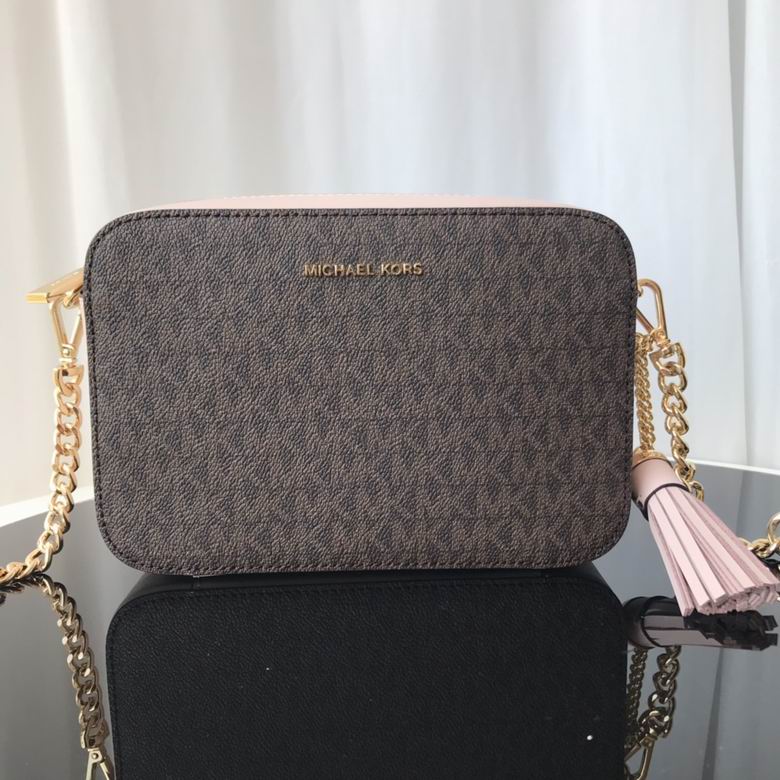 Michael Kors Jet Set Medium Camera Bag in Brown Signature Logo with Pink Trim
