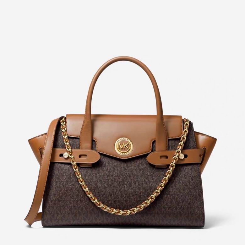 Michael Kors Carmen Large Belted Satchel in Brown MK Logo with Tan Leather