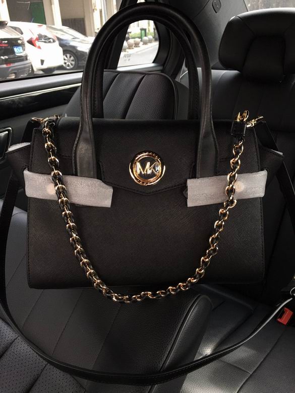 Michael Kors Carmen Small Satchel Bag in Black Saffiano Leather with Gold Chain