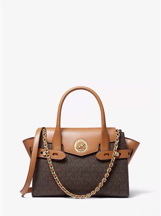 Michael Kors Carmen Small Belted Satchel in Brown Logo and Tan Leather