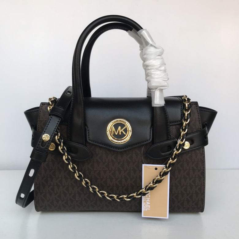 Michael Kors Carmen Small Belted Satchel in Brown MK Signature with Black Trim