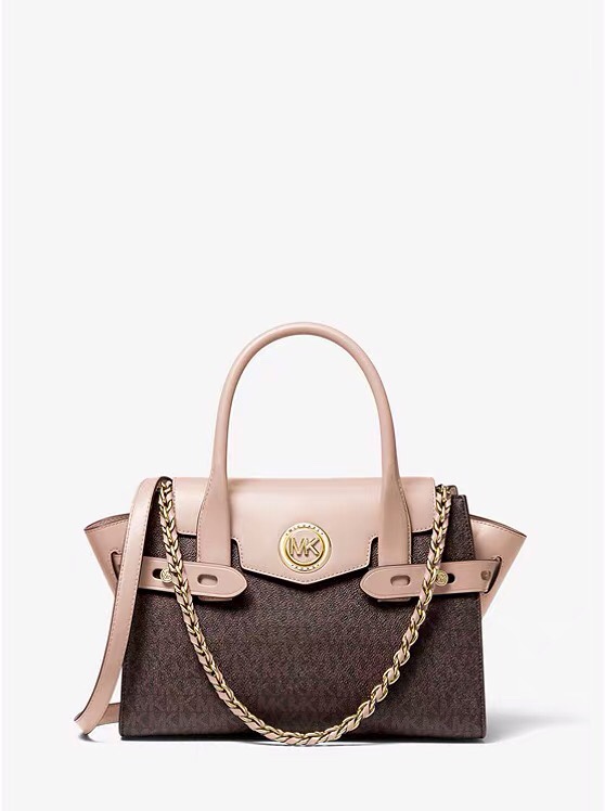 Michael Kors Carmen Small Belted Satchel in Brown Logo and Soft Pink