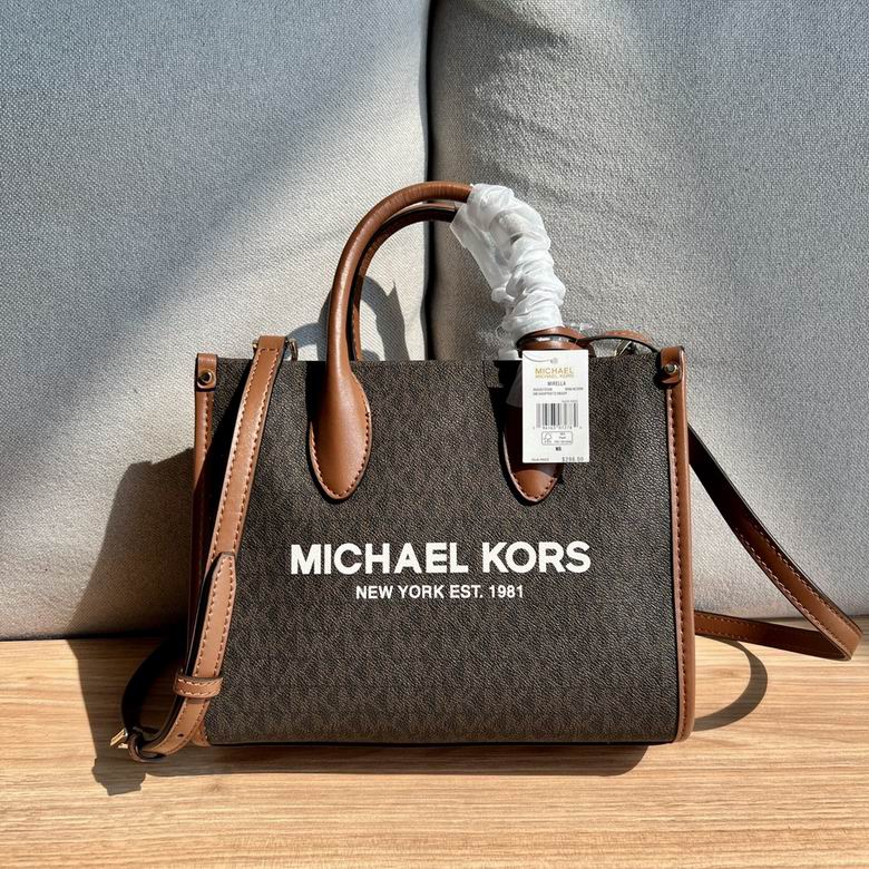 Michael Kors Mirella Medium Tote Crossbody in Brown Signature Logo with Tan Trim