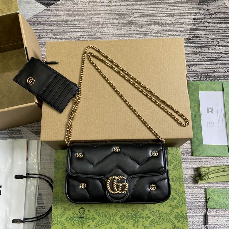Gucci GG Marmont Super Mini Chain Shoulder Bag in Black Matelassé Leather
