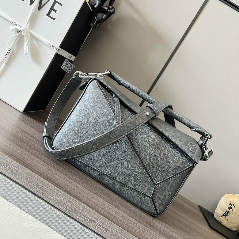 Loewe Puzzle Small Top-Handle Shoulder Bag in Grey Grained Leather