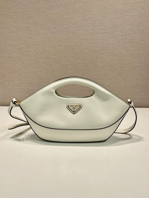 Prada Dumpling Top-Handle Bag with Cut-Out Handle in White Leather