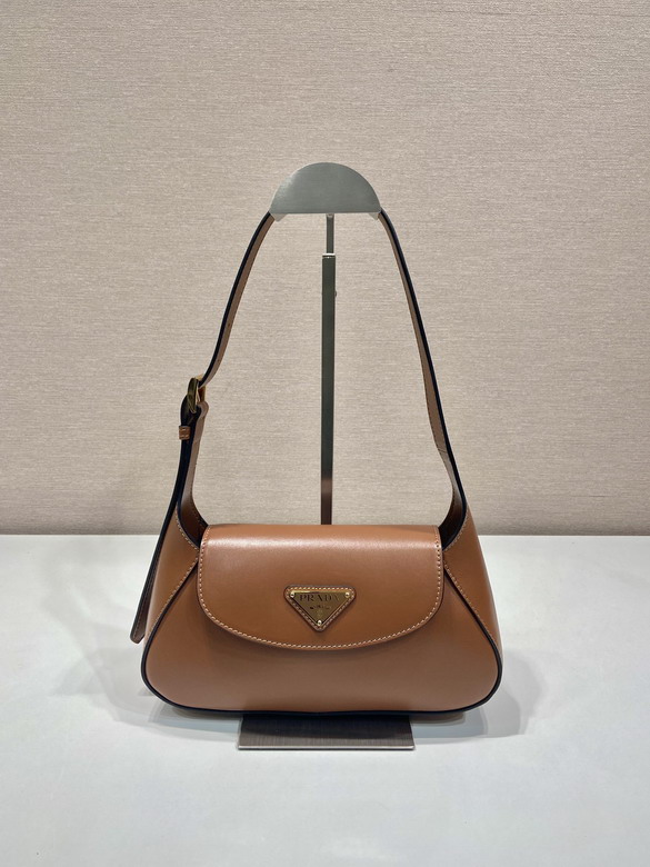 Prada Flap Shoulder Bag in Tan Brown Leather with Triangle Logo Plaque