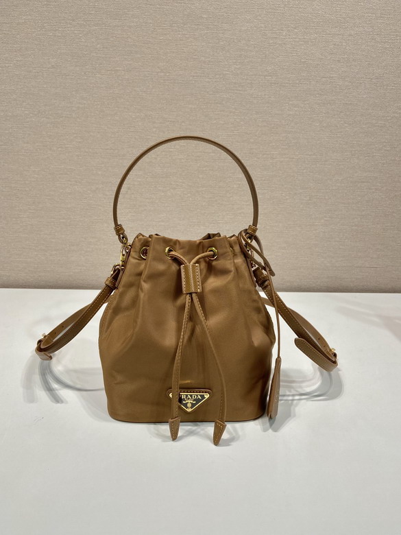 Prada Re-Nylon and Saffiano Leather Mini Bucket Bag in Camel Brown