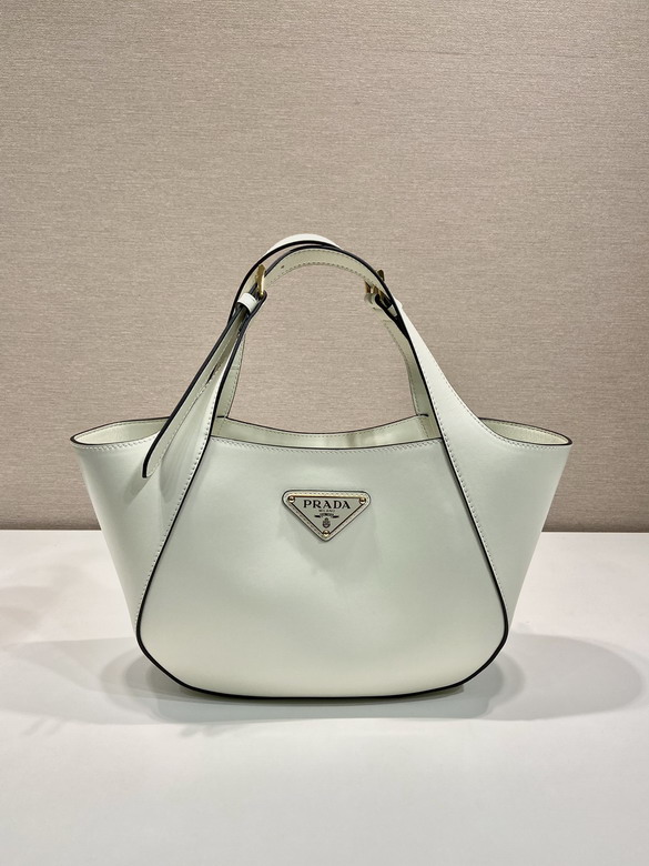 Prada 1BG483 Triangle Logo Tote Bag in White Leather with Black Edge Trim