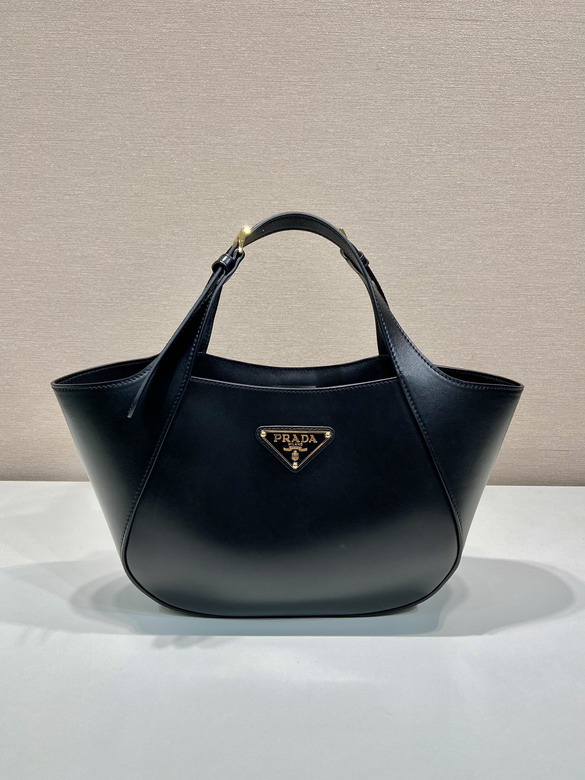 Prada 1BG483 Triangle Logo Tote Bag in Black Leather with Gold Hardware