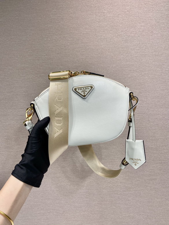 Prada Small Half-Moon Crossbody Bag in White Leather with Logo Webbing Strap