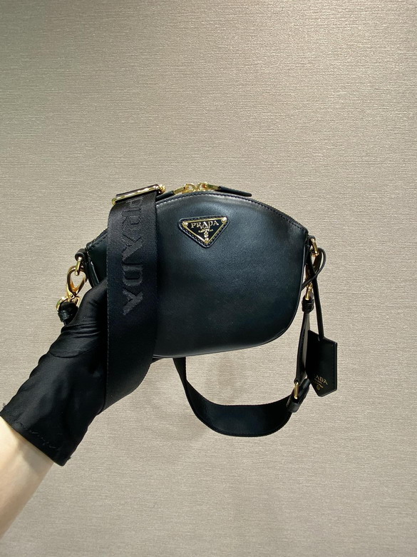 Prada Mini Crossbody Bag in Black Leather with Triangle Logo and Woven Strap