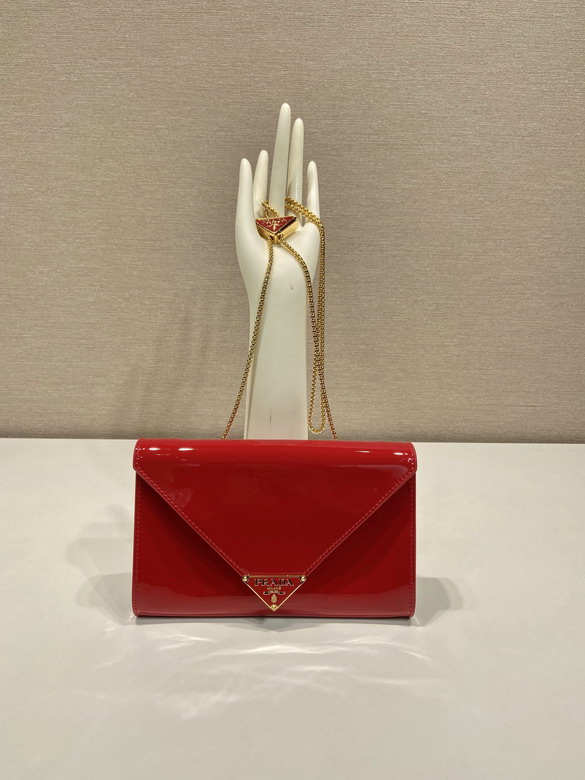 Prada Envelope Chain Clutch Bag in Red Patent Leather with Triangle Logo