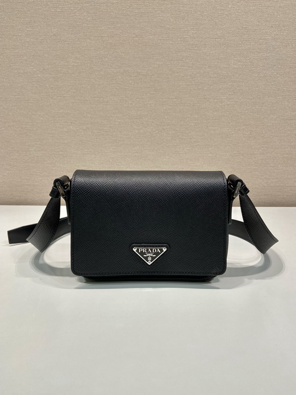 Prada Small Saffiano Leather Flap Shoulder Bag in Black with Triangle Logo
