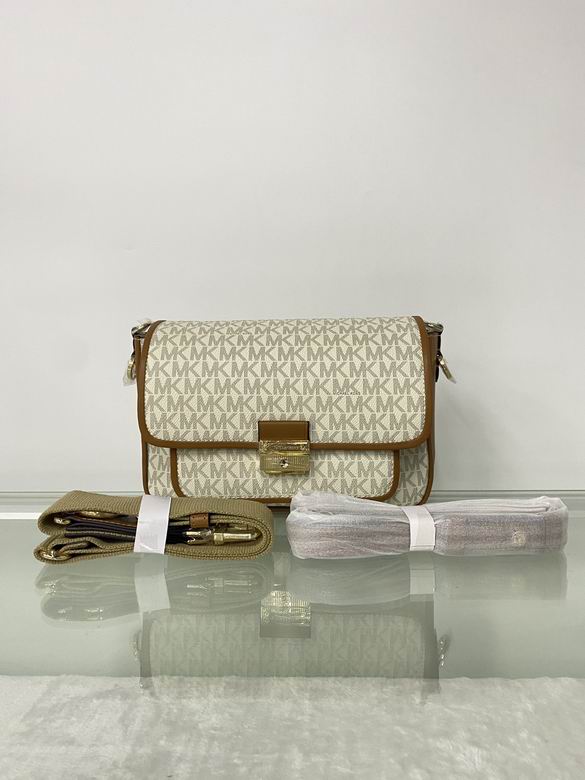 Michael Kors Bradshaw Medium Shoulder Bag in Vanilla Signature Logo with Tan Trim