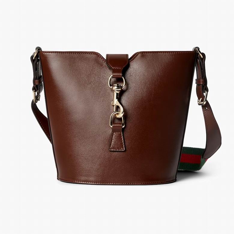 Gucci Small Bucket Bag in Brown Leather with Web Strap and Gold Clasp
