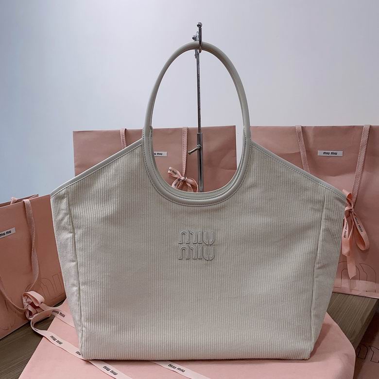Miu Miu Ivy Tote Bag in Ivory Corduroy with Round Leather Handle