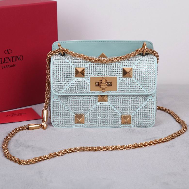 Valentino Garavani Roman Stud Small Chain Shoulder Bag in Crystal-Embellished Aqua