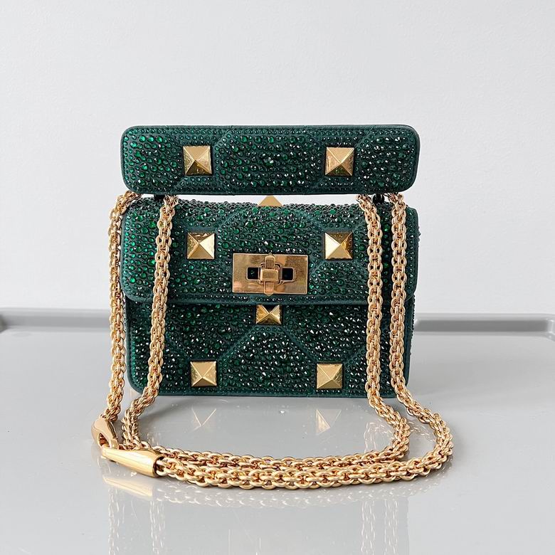 Valentino Roman Stud Small Shoulder Bag in Emerald Green Crystal Embellishment
