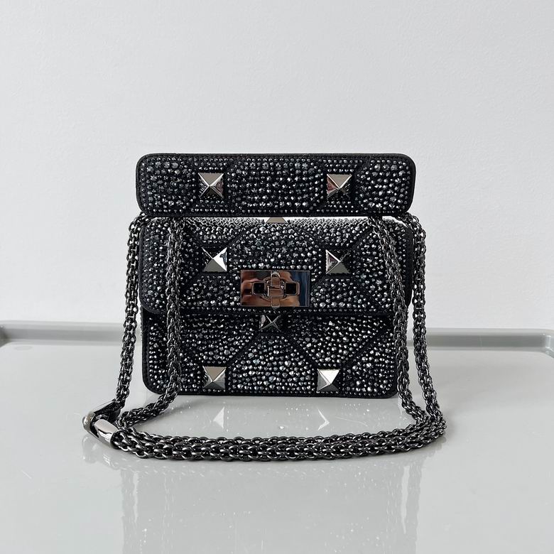 Valentino Roman Stud Small Crystal Shoulder Bag in Black with Chain Strap