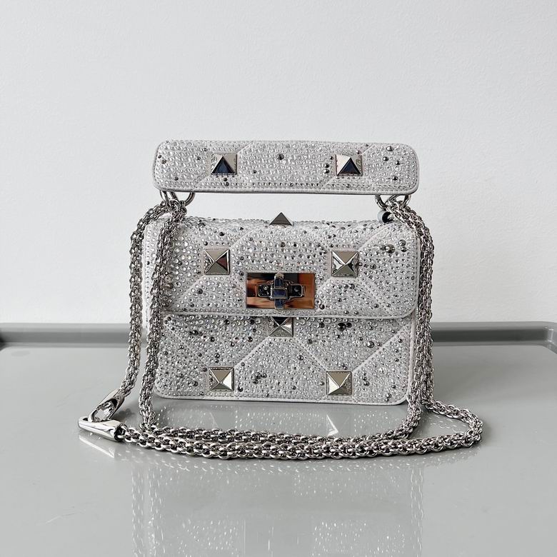 Valentino Roman Stud Small Top-Handle Bag in Silver Crystal Embellished Leather
