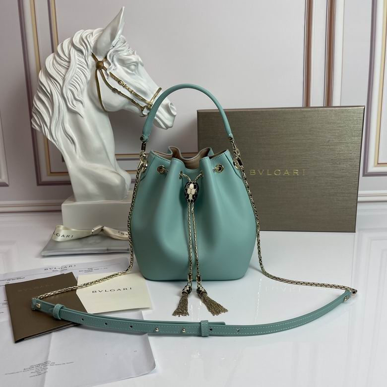 Bulgari Serpenti Forever Bucket Bag with Chain Strap in Aqua Blue Leather