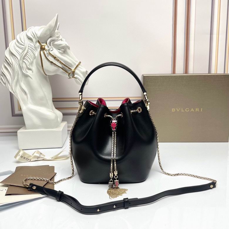 Bulgari Serpenti Forever Bucket Bag in Black Leather with Pink Lining