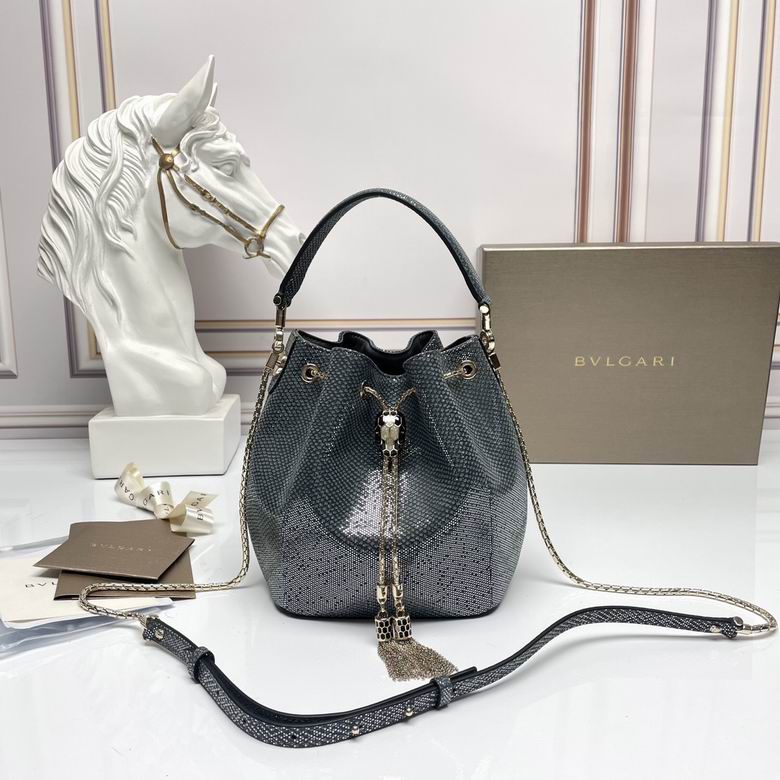 Bulgari Serpenti Forever Bucket Bag with Snakehead Tassel in Silver-Gray Shimmer