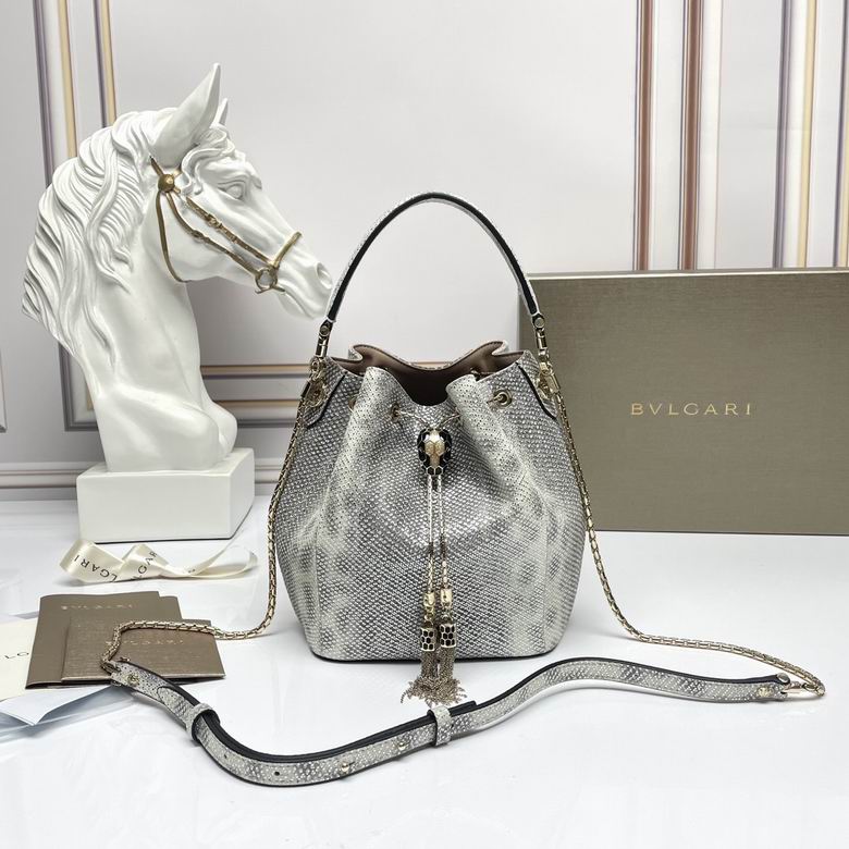 Bulgari Serpenti Forever Bucket Bag in Grey and White Snake-Embossed Leather