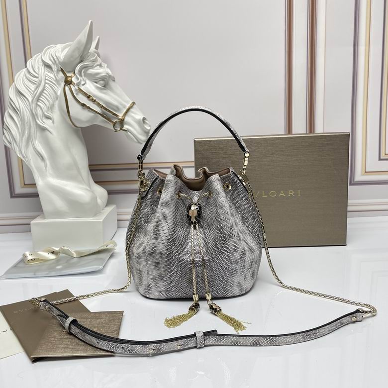 Bulgari Serpenti Forever Bucket Bag in Gray Lizard-Embossed Leather