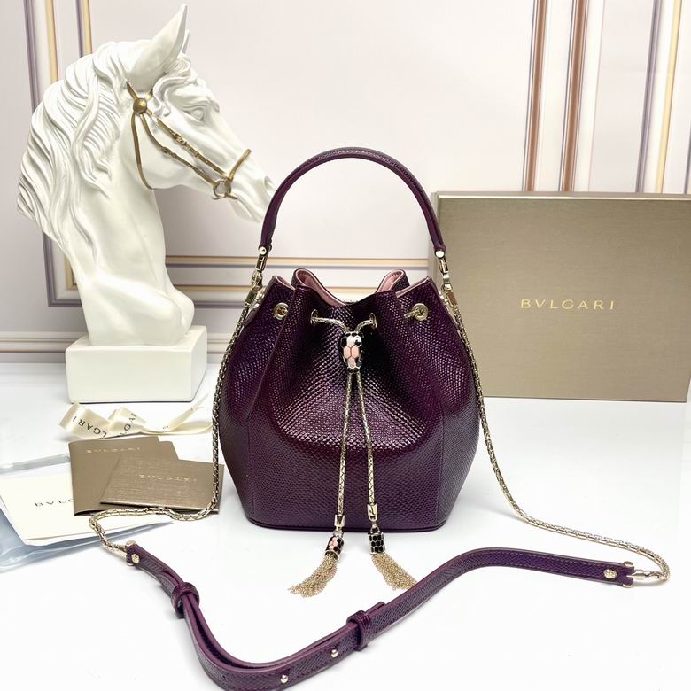 Bulgari Serpenti Forever Bucket Bag in Burgundy Snakeskin-Effect Leather