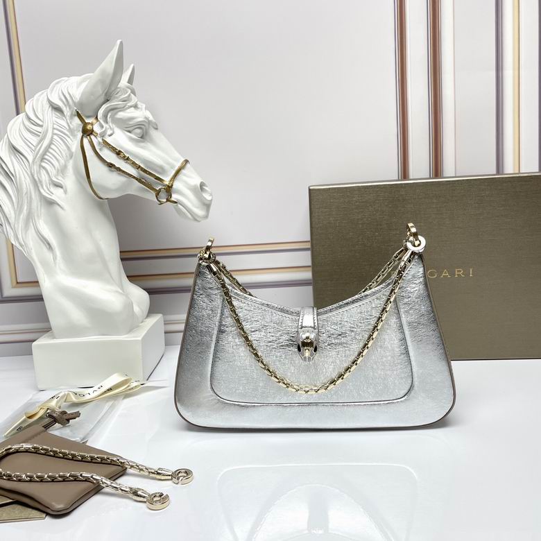 Bulgari Serpenti Baia Shoulder Bag in Silver Metallic Leather with Chain Strap