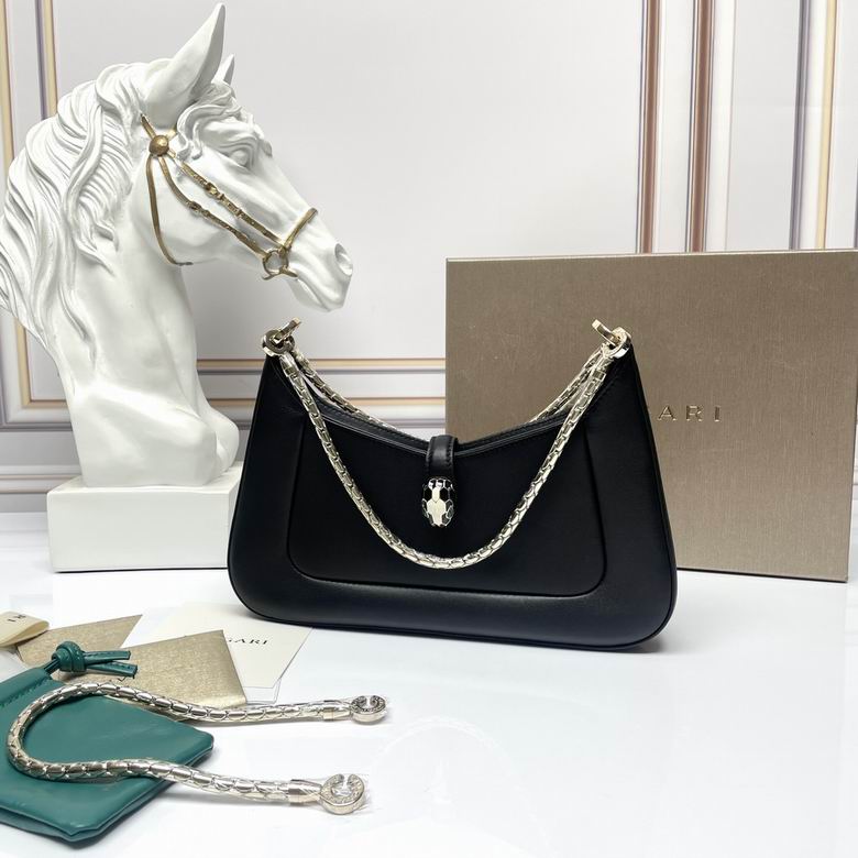 Bvlgari Serpenti Baia Shoulder Bag in Black Leather with Snake Chain Strap