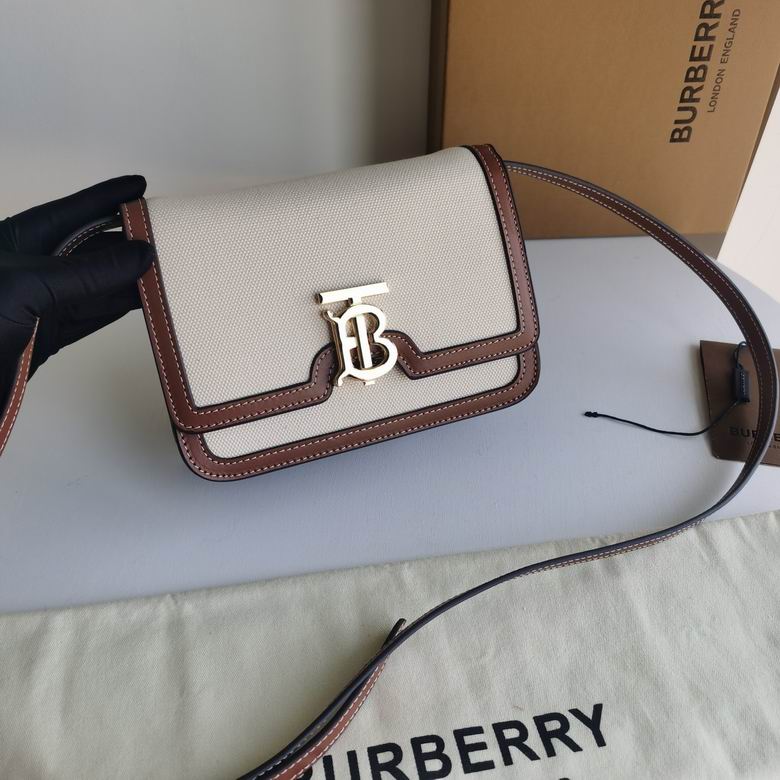 Burberry TB Small Shoulder Bag in Natural Canvas with Tan Leather Trim