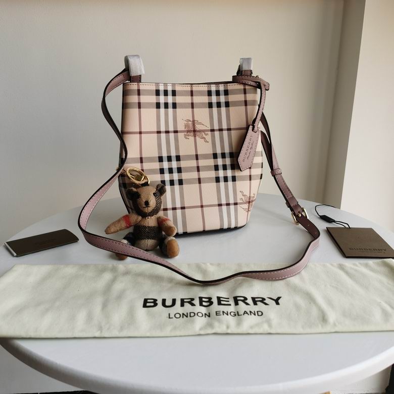 Burberry Small Haymarket Check Bucket Crossbody Bag in Pink Leather Trim