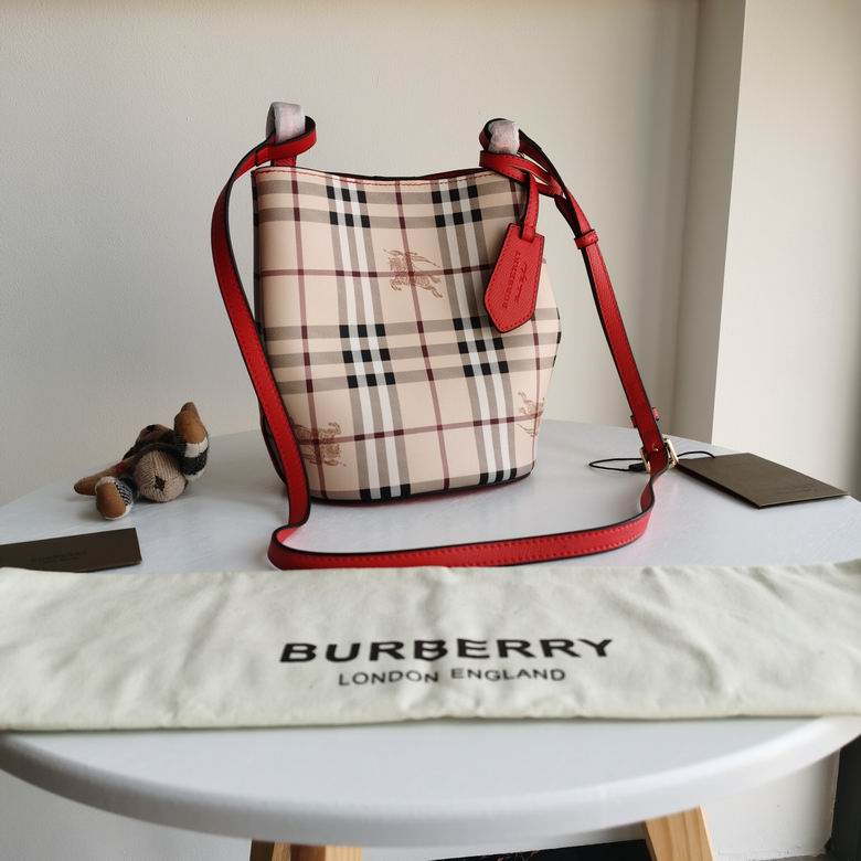 Burberry Haymarket Check Small Bucket Bag with Red Leather Strap